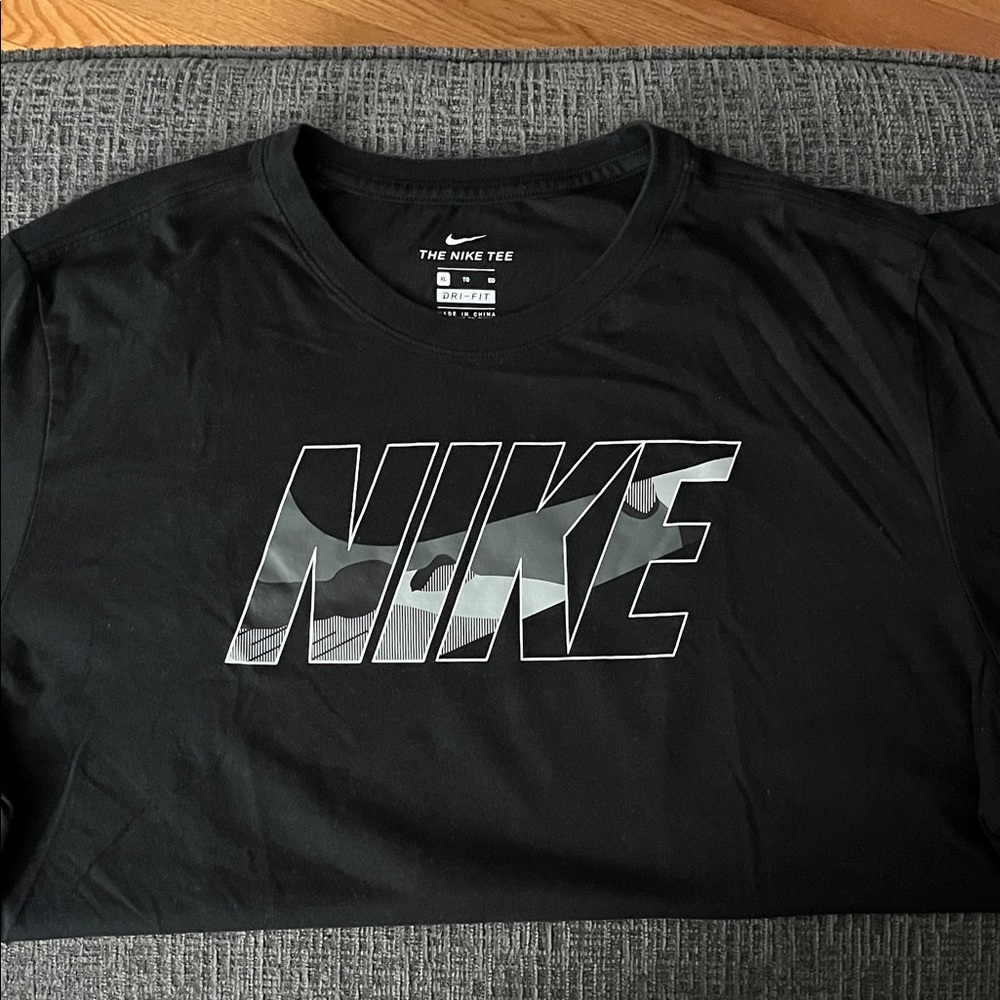 Nike Men's Dri-Fit Black Tee with Camouflage Logo